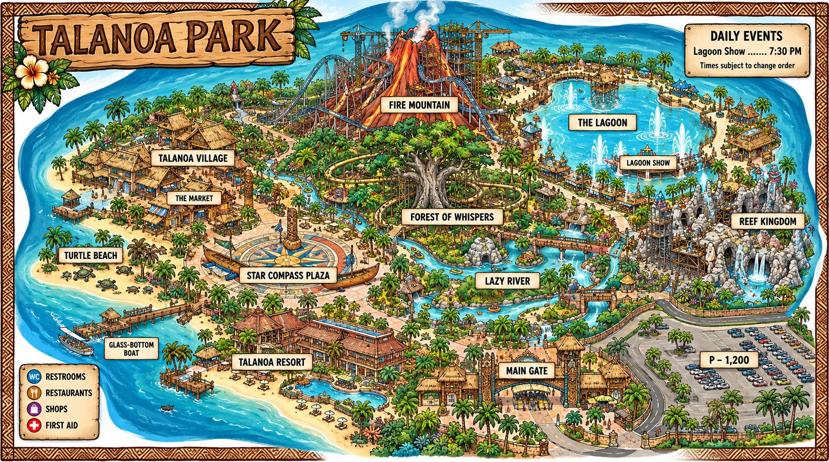 Illustrated guest map of the finished Talanoa Park: Fire Mountain with its roller coaster, the Lagoon, Reef Kingdom, the Forest of Whispers, the Lazy River, Star Compass Plaza, Talanoa Village, Turtle Beach and Talanoa Resort.