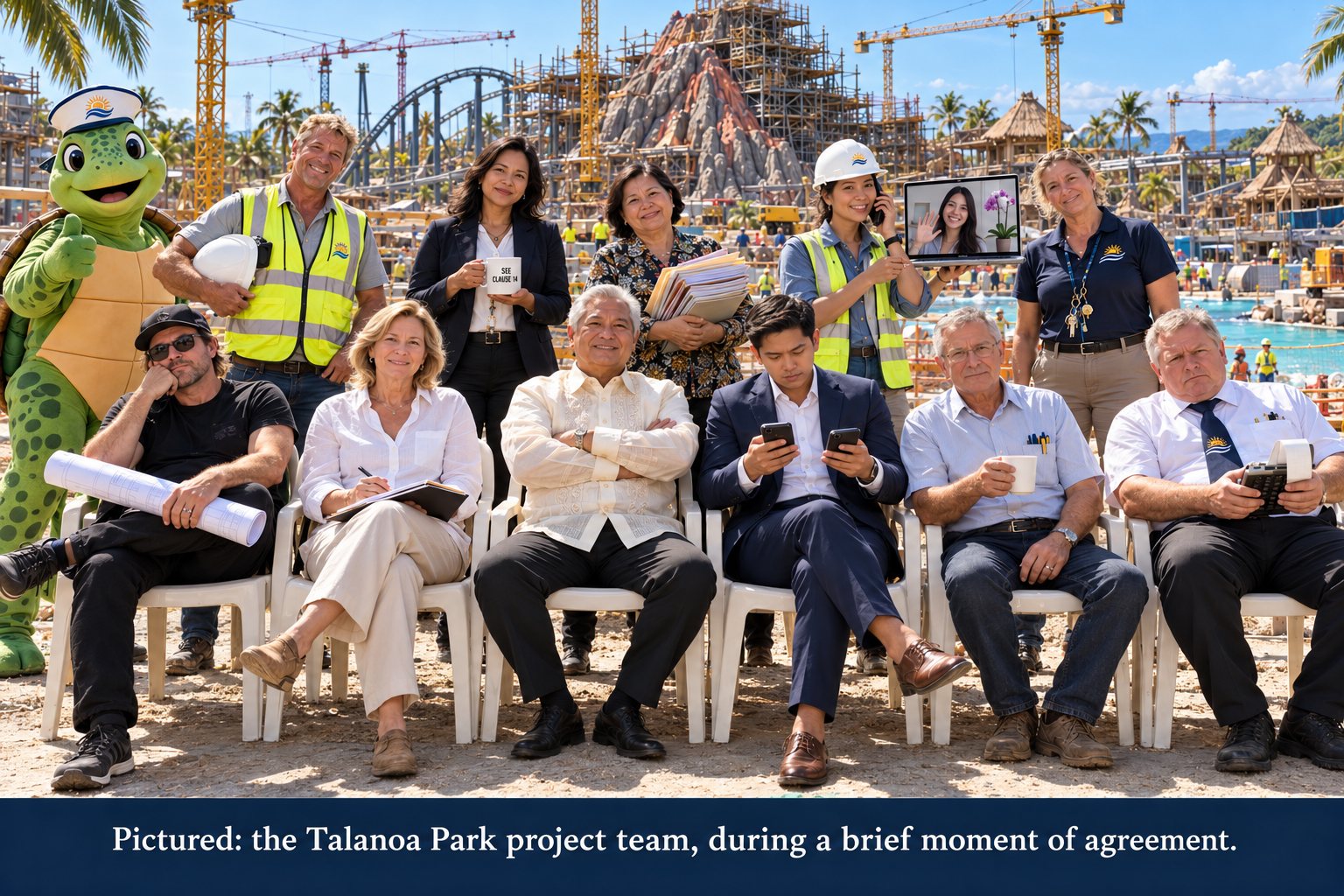 Group photo of the Talanoa Park project team on the building site in front of Fire Mountain, with the park mascot Tali the Turtle giving a thumbs-up.